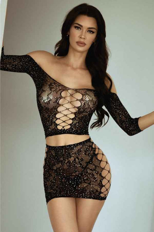 Killer Legs ® Conjunto de Bodystocking de Dos Piezas con Brillantes y Tanga Mod.818JT396