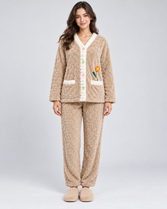 Women's Fleece Pajamas with Buttons and Flower Detail Mod.5033
