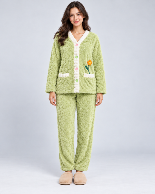 Women's Fleece Pajamas with Buttons and Flower Detail Mod.5033